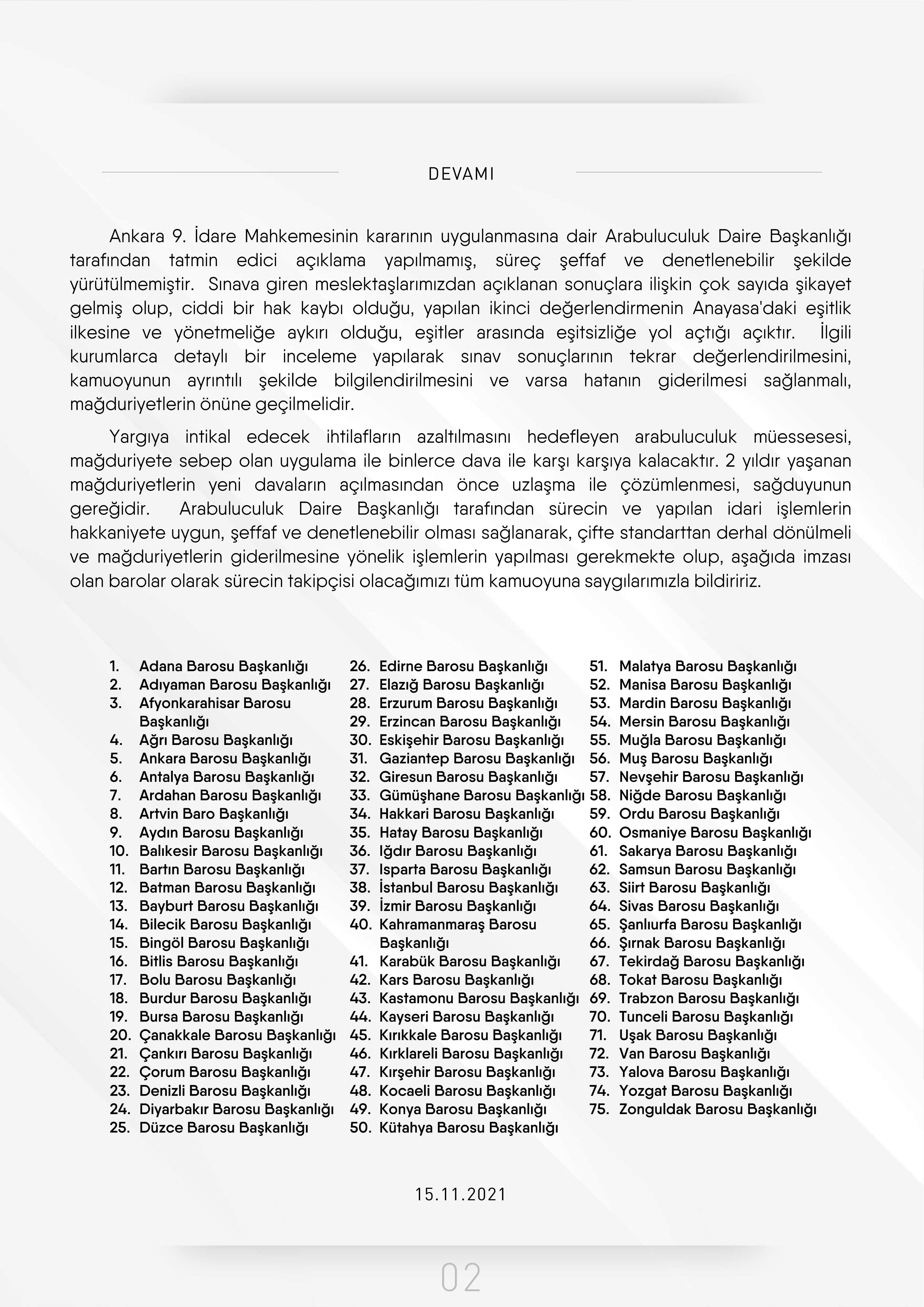 75 Barodan Ortak Açıklama; Arabuluculuk Sınavı Sonrasında Yaratılan Mağduriyet Ve Hukuksuzluk Giderilmelidir — 2
