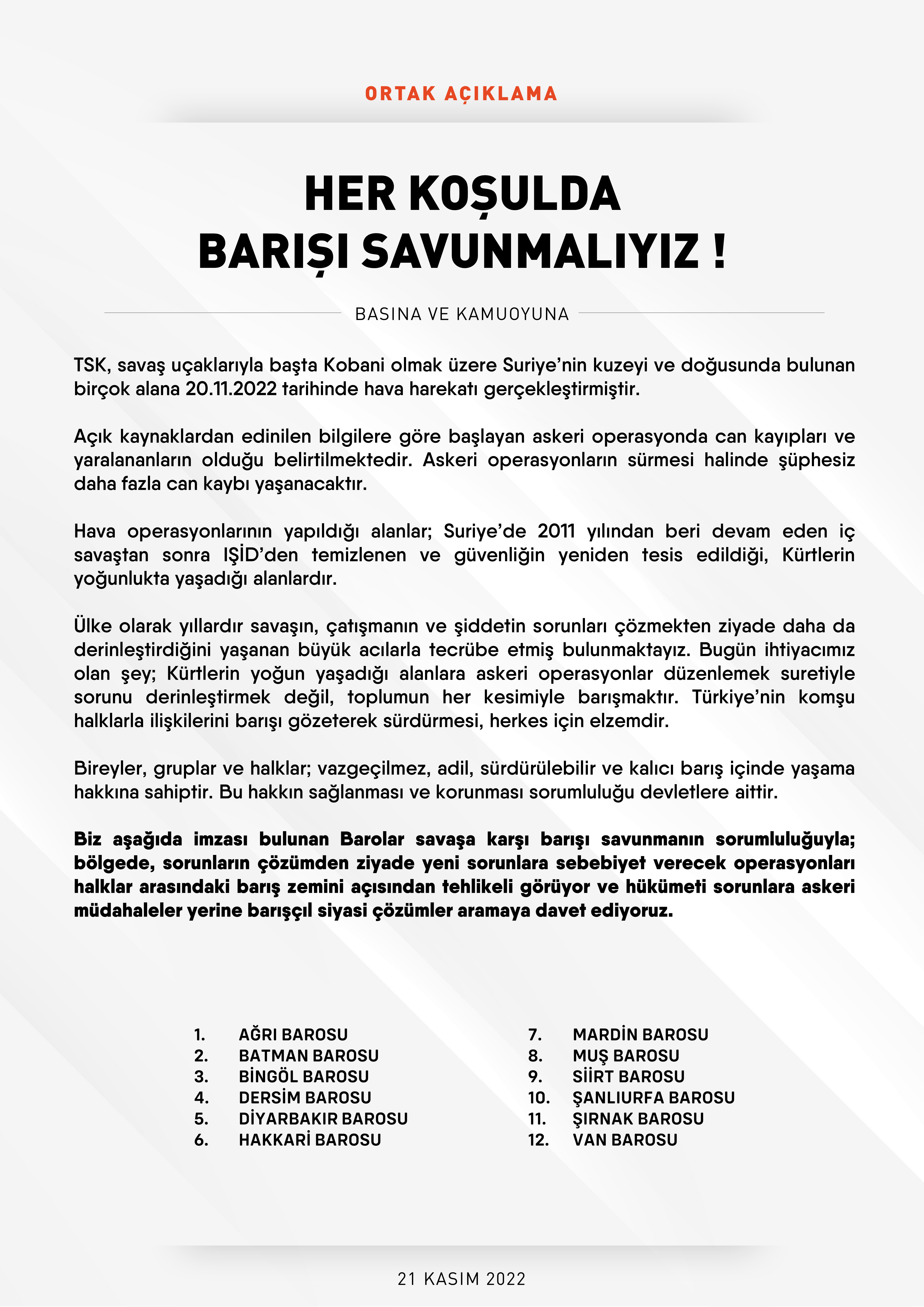 Bölge Barolarından Ortak Açıklama; Her Koşulda Barışı Savunmalıyız! — 1