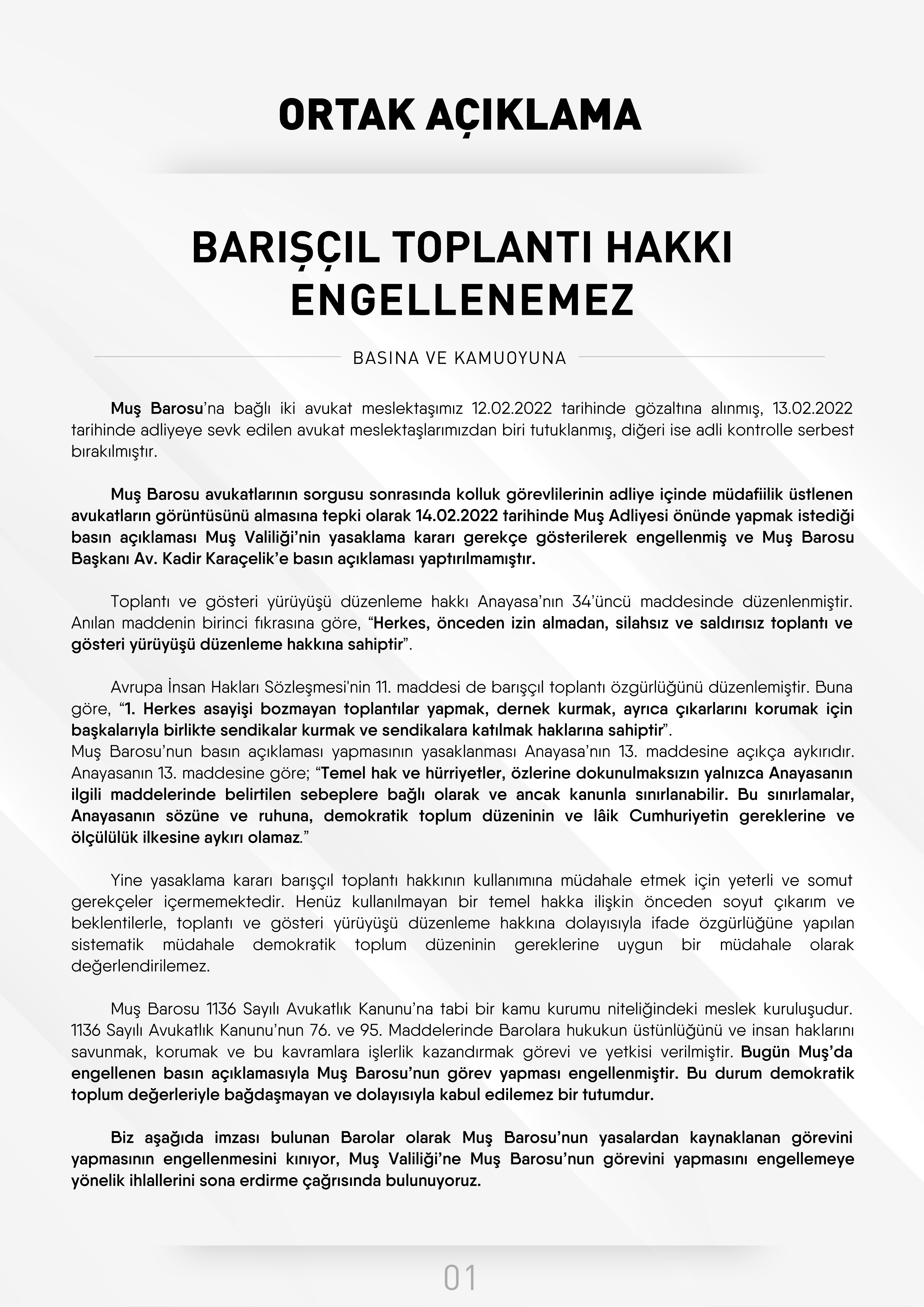 71 Barodan Ortak Açıklama; Barışçıl Toplantı Hakkı Engellenemez — 1
