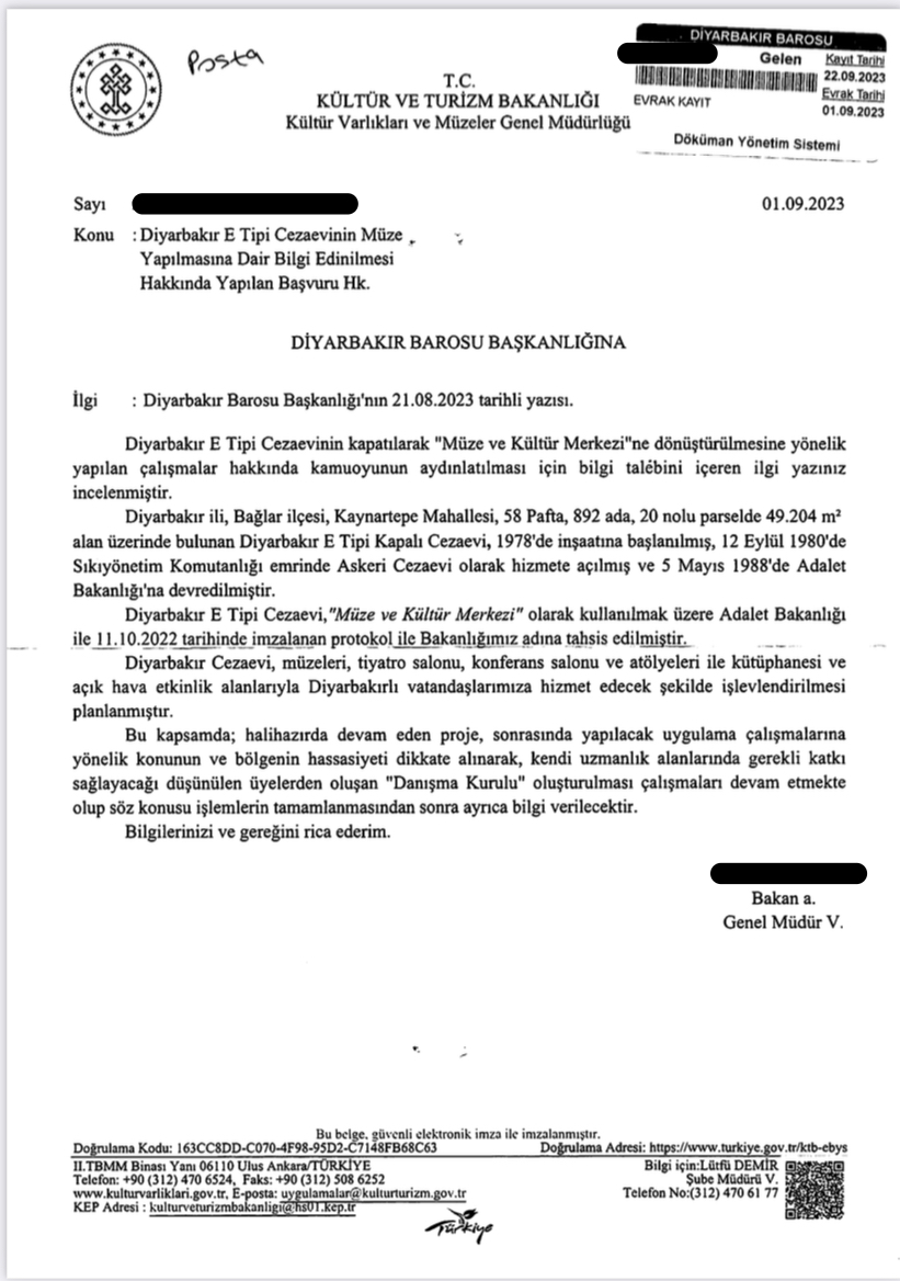 Baromuzun başvurusu üzerine, Kültür ve Turizm Bakanlığınca Diyarbakır E Tipi Cezaevi'nin müze ve kültür alanı çalışmasına ilişkin bilgi edinme başvurusuna yanıt verildi. — 1
