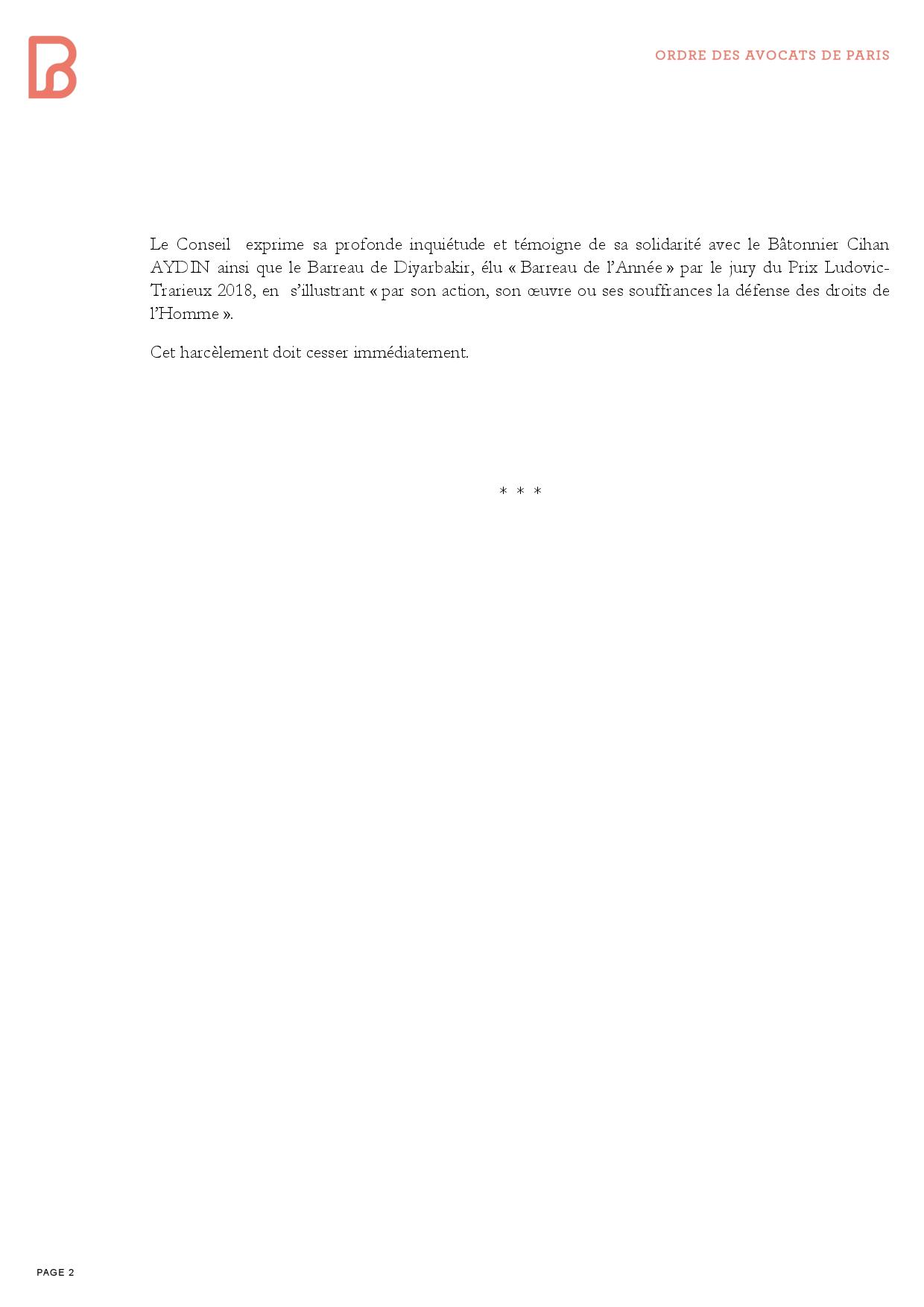 İçişleri Bakanı Tarafından Tehdit Edilen Diyarbakır Barosuna, Paris Barosundan Destek; Bu Taciz Derhal Sona Ermelidir! — 2