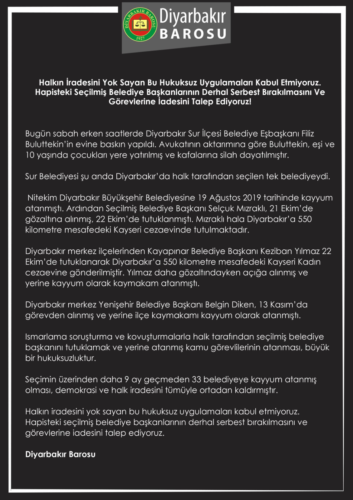 Halkın İradesini Yok Sayan Bu Hukuksuz Uygulamaları Kabul Etmiyoruz. Hapisteki Seçilmiş Belediye Başkanlarının Derhal Serbest Bırakılmasını Ve Görevlerine İadesini Talep Ediyoruz. — 1