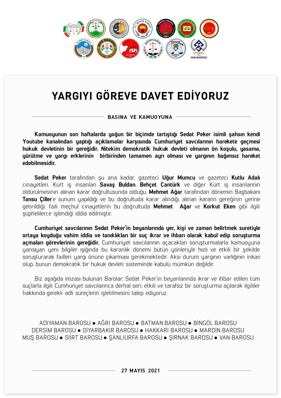 "Yargıyı Göreve Davet Ediyoruz" Baroların Ortak Açıklaması... — 1